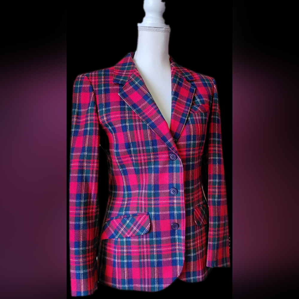 70s Pendelton Red Plaid Wool Pantsuit Blazer + Slacks Red Navy Green Classic
